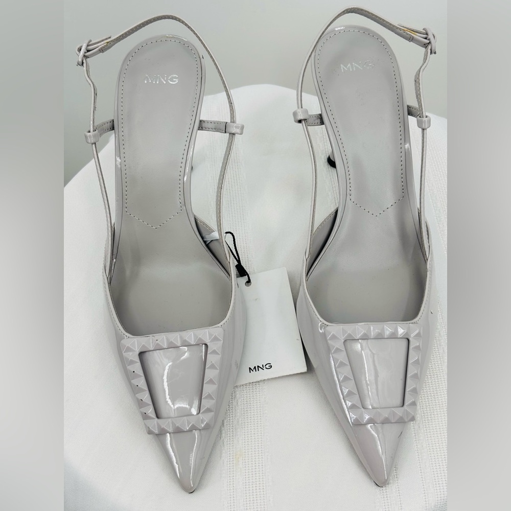 Mango Light Gray Patent Slingback Kitten Heels Size 7.5 - Picture 2 of 7